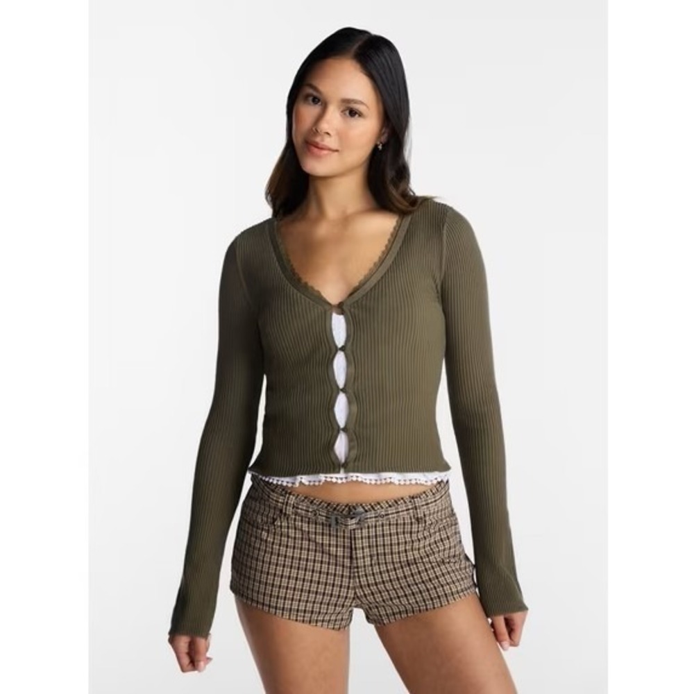 NB Bell Sleeve Ribbed Cardigan XXL (20) Khaki Army Olive Green Lace Trim 2XL NWT